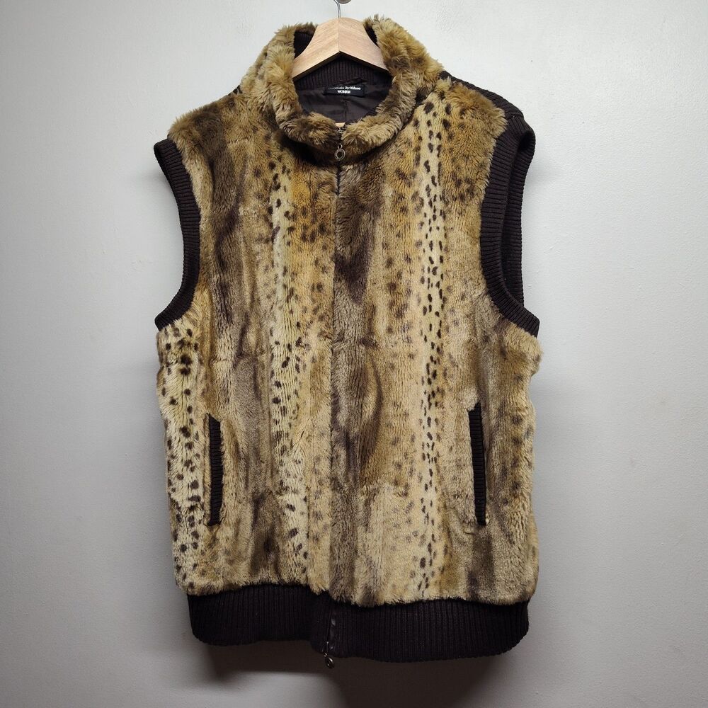 Essentials By Milano Faux Fur Sweater Vest Women 2X Brown Cheetah Full Zip Y2K